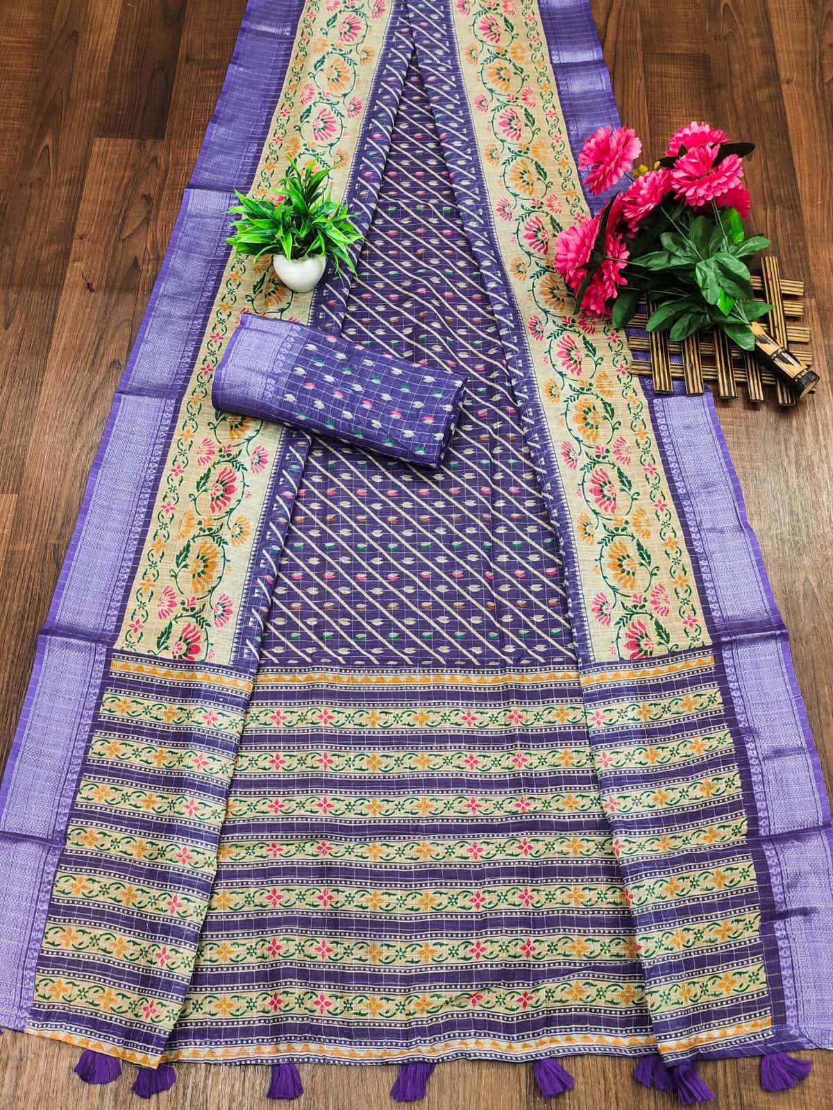 Soft cotton Checks linen fabric Saree With block Print In regular wear Saree wholesale in surat vrinda Soft cotton Checks linen fabric Saree With block Print In regular wear Saree wholesale in surat vrinda